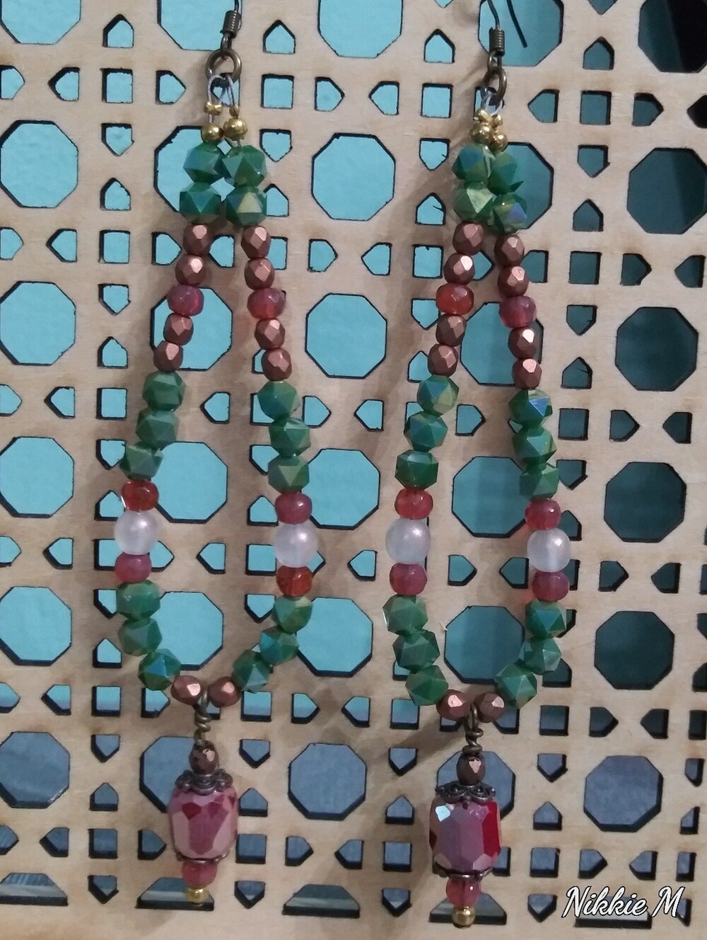Handmade Green and Pink Beaded Drop Earrings with Faceted Accents